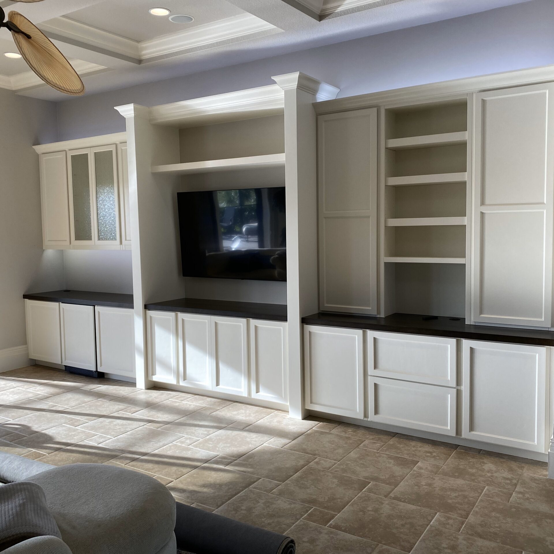 Full wall entertainment center and dry bar